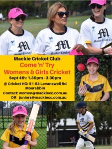 Mackie Cricket Club Come n Try flyer for women & girls cricket event