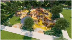 concept image of mackie road reserve playspace showing trees, play areas and equipment