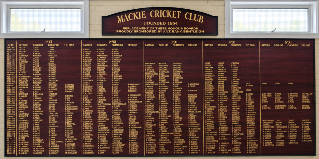 Mackie Cricket Club honour boards in the old clubrooms