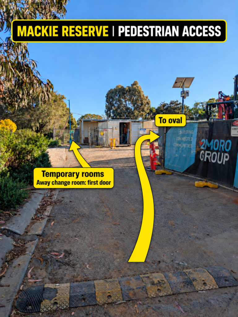 Arrows show the left-hand path to temporary rooms, with the away change room first door, and the route right past the orange bollards to the oval.